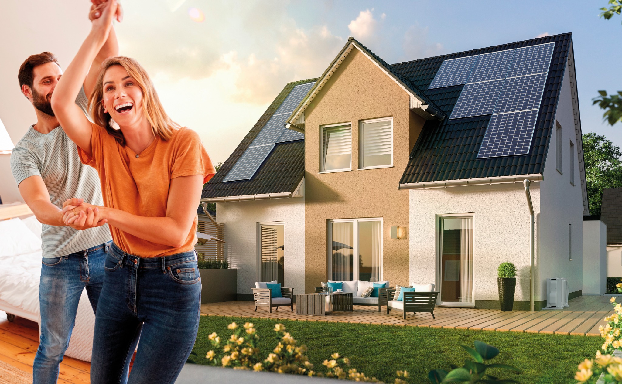 Paar und Beispielhaus mit Solaranlage